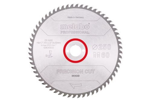 METABO Sägeblatt „Präzisionsschnitt Holz – Profi“, 250 x 30 mm, 60 Zähne, 15° 628049000