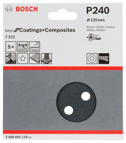 BOSCH Schleifpapier F355, 5er Pack 125 mm, 240 2608605119