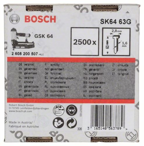 BOSCH Senknagel SK64 63G 1,6 mm, 63 mm, verzinkt (2500 Stück) 2608200507