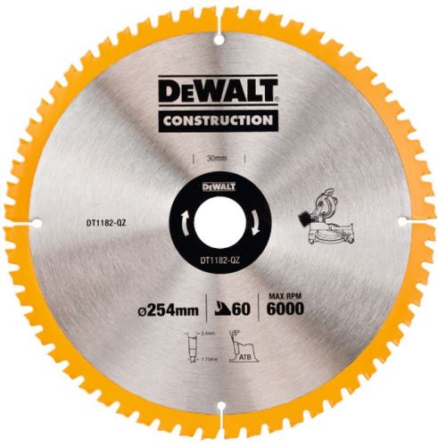 DeWALT CONSTRUCTION Gehrungssägeblatt mit Nägeln, 254 x 30 mm, 60 Zähne DT1182