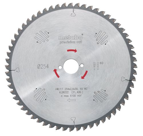 METABO Sägeblatt „Präzisionsschnitt Holz – Profi“, 250 x 30 mm, 34 Zähne, 15° 628045000