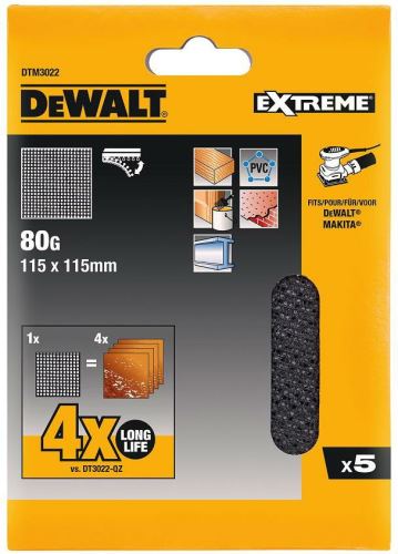 DeWALT Schleifnetz, Klettverschluss, 115 x 115 mm, P80 (5 Stück) DTM3022