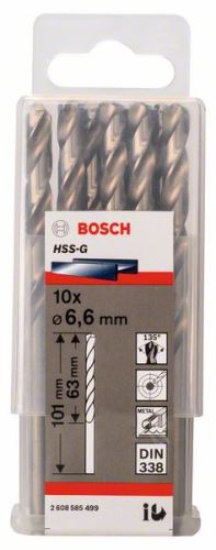 BOSCH Bohrer für Metall HSS-G, DIN 338 6,6 x 63 x 101 mm (10 Stück) 2608585499