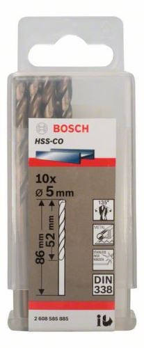 BOSCH Bohrer für Metall HSS-Co, DIN 338 5 x 52 x 86 mm (10 Stück) 2608585885